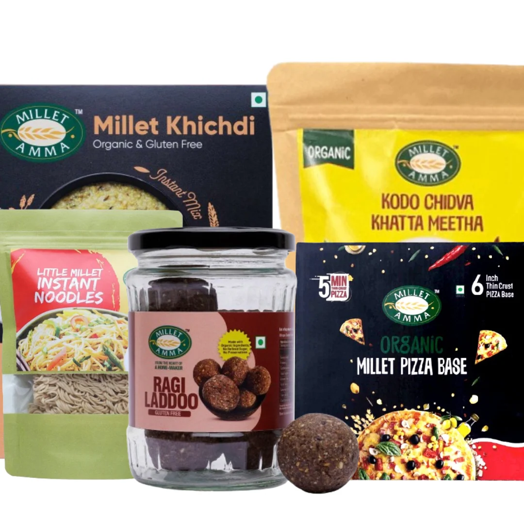 Sale Millet Amma Family Millet Bites Combo No. 2 - Jowar Instant Noodles+ Barnyard Pasta+Millet Pizza Base+Bajra Bhakri+ Bajra methi Khakra+Kodo Khatta Meeta Chivda+Jowar Laddu+Ragi cookies+ Peanut Mu
